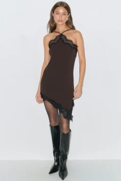 Asymmetric lace mini dress