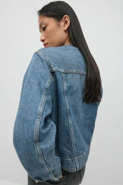 Collarless denim jacket