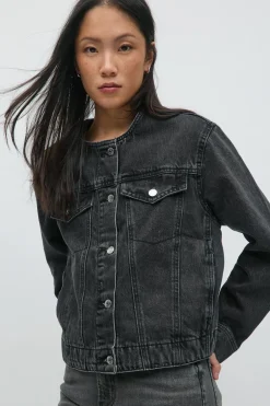 Collarless denim jacket
