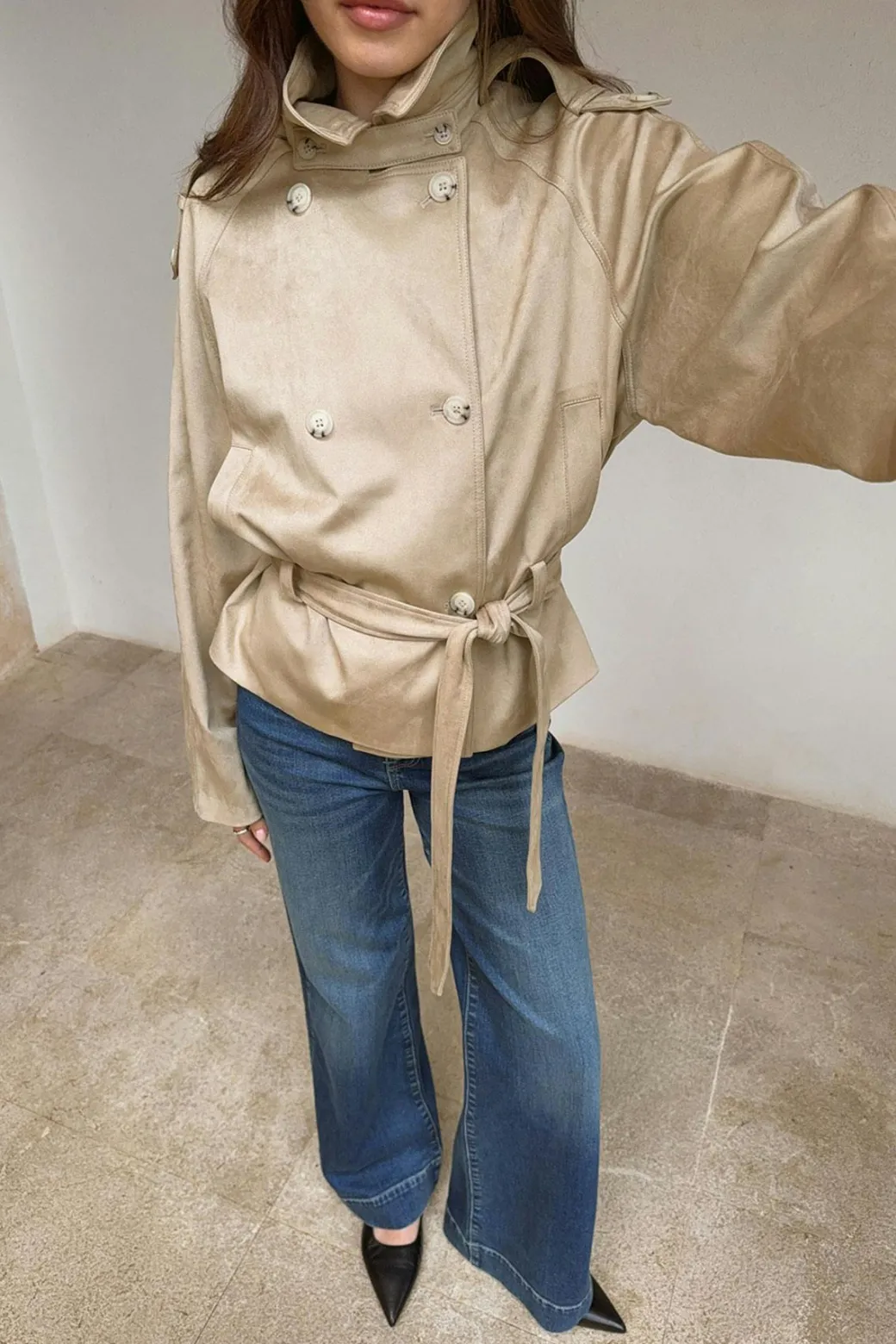 Faux suede belted jacket