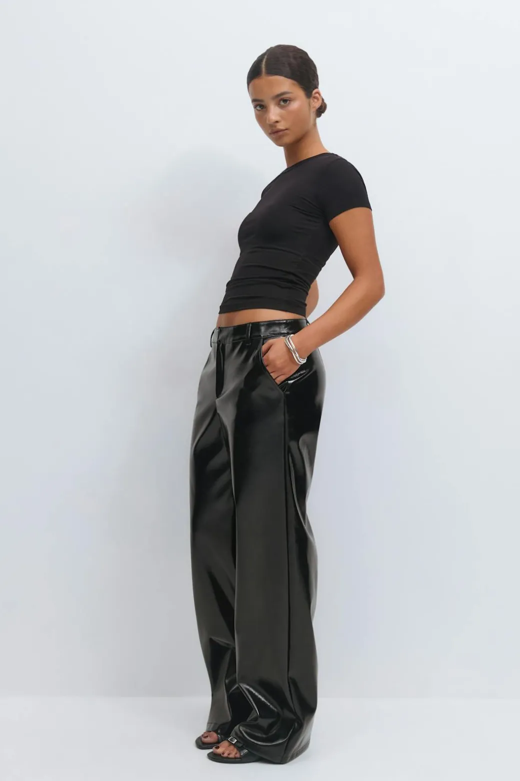 Patent pu straight trousers