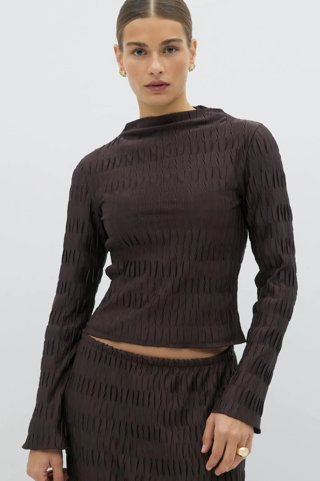 Pleated funnel neck top