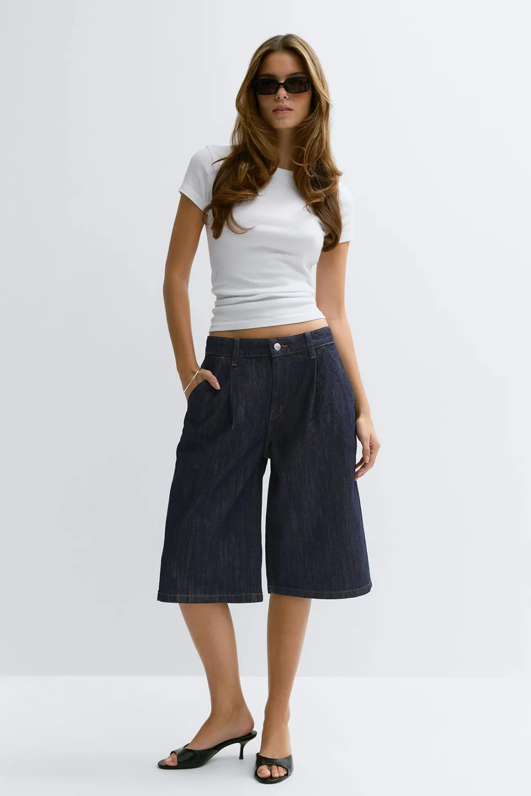 Tailored long denim shorts