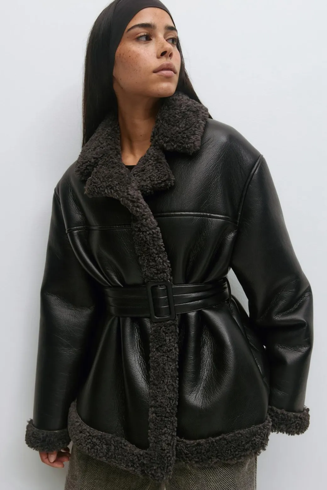 Teddy pu belted jacket